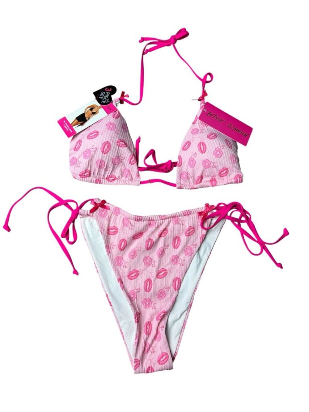 Betsey Johnson L Pink lip print Bikini 2 Pc Set New